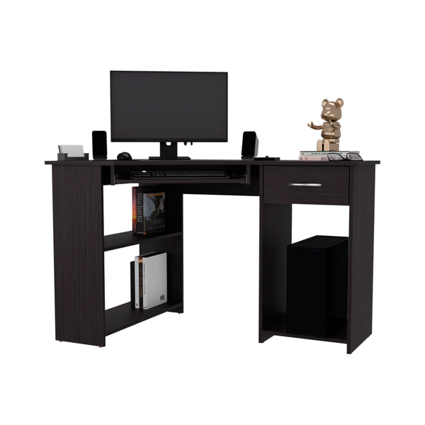 English Elm Wenge L-Shaped Computer Desk with Drawer, Shelves & Ventilated CPU Space — Modern Home Office Hub B062P389917