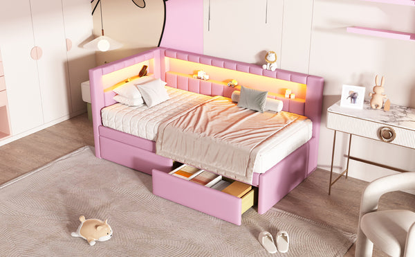 English Elm Upholstered Twin Platform Bed with USB Ports, LED Light Belt, Linen Backrest & 2 Storage Drawers Pink DL001926AAH