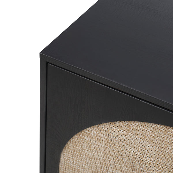 English Elm 2 Door 3 Drawer Cabinet with Engineered Rattan Finish, Pine Feet, Metal Semi-Circle Handles, Durable Black W688134396
