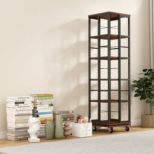 English Elm 5 Tier Rotating Corner Bookcase Rustic Brown Steel Wood Spinning Floor Shelf W2641P399191