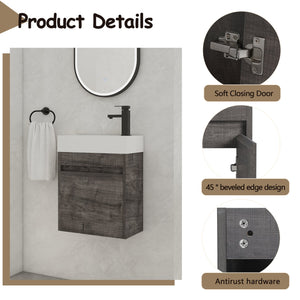 English Elm 18'' Floating Wall Vanity with Resin Sink, Open Shelf Storage, Eco-Friendly Plywood, Soft-Close Door Plaid Grey Oak W99936248