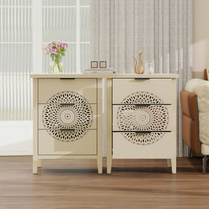 English Elm Hollow-Carved 3 Drawer Cabinet Dresser Storage Chest with Black Metal Handles, Anti-Tip Safety & Elegant Pattern (36.23x18.51x7.88) W688P223042