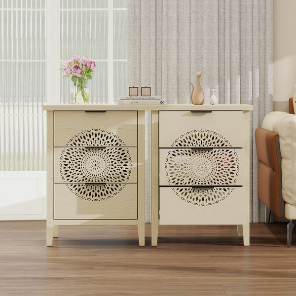 English Elm Hollow-Carved 3 Drawer Cabinet Dresser Storage Chest with Black Metal Handles, Anti-Tip Safety & Elegant Pattern (36.23x18.51x7.88) W688P223042