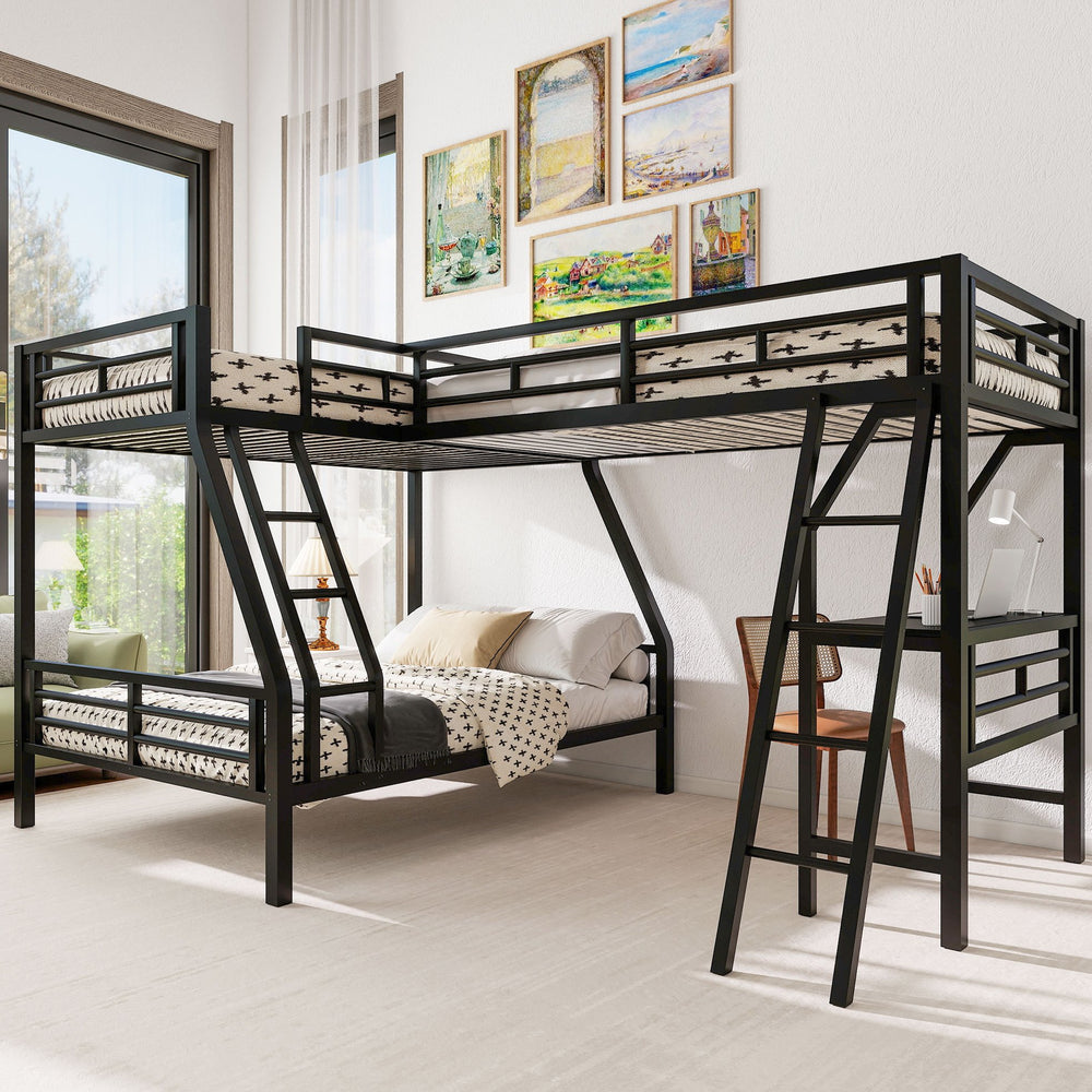English Elm Twin Triple Bunk Bed with Loft, Desk & Shelf — Metal Black L-Shaped Sleep/Study Space, No Box SpringNeeded SM000606AAB