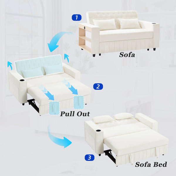 English Elm 61.4" Pull-out Sofa Bed Loveseat with Adjustable 3-Position Backrest, USB Ports, Cup Holders, Storage Rack Beige N719S001900A