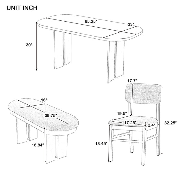 English Elm Topmax Rubberwood Six Piece Dining Set with Bench Linen Upholstered Modern Farmhouse SP000083AAD