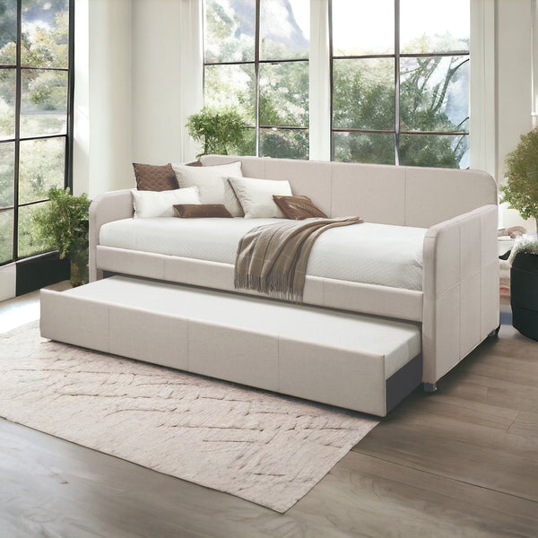 English Elm Jagger Fog Upholstered Daybed with Roll-Out Twin Trundle, Padded Frame, Slat System Included B2726S00321