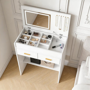 English Elm Flip Top Makeup Vanity Desk with Led Mirror Built-in Outlet and Jewelry Hooks W2699P404630