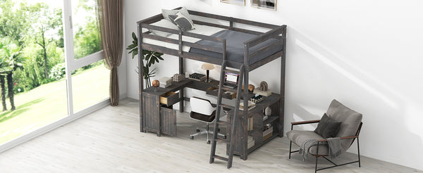 English Elm Full Loft Bed with U-Shaped Workstation, Built-In Drawers, Shelves & Cabinet for Space Saving Antique brown GX001039AAD