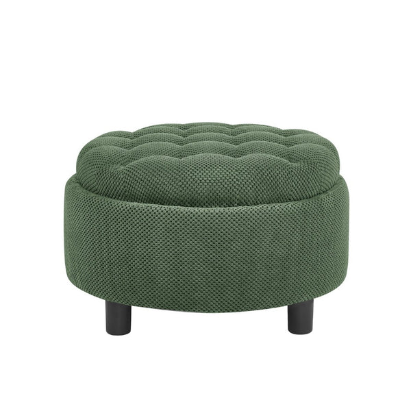 English Elm 25 Inch Round Fabric Pouf Ottoman with Removable Wooden Lid and Hidden Interior Storage Dark Green W5568P461364