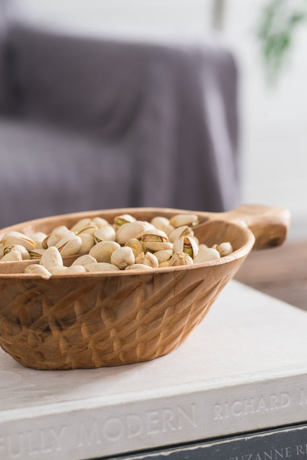 English Elm 9.1x5.9x2.8" Teak Wood Decorative Bowl with Handle — Handcrafted Natural Brown, Carved Underside Accent, Versatile Home Decor W2078P391136