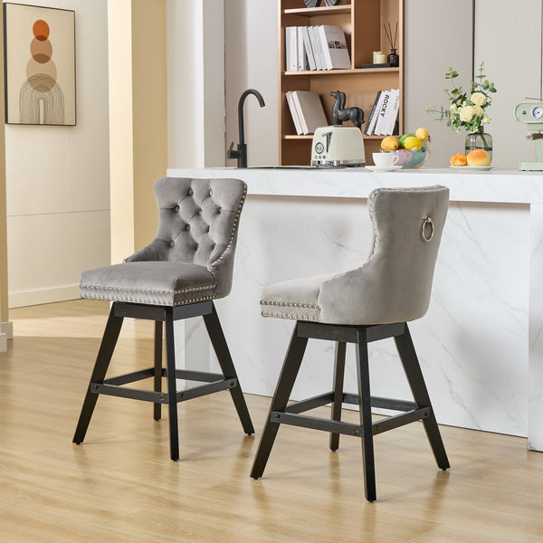 English Elm Swivel Velvet Barstool with Tufted Back, 360° Swivel, Plush Foam & Steel Spring Seat, Sturdy Wood Frame (Set of 2) Gray W1143P241330