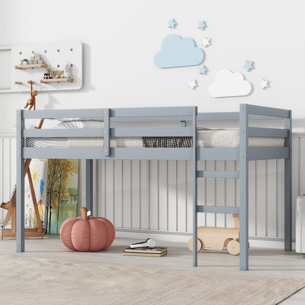English Elm Solid Twin Loft Bed with Ladder and Reinforced Slats for Storage-Friendly, Space-Saving Bedrooms Grey W504P190928