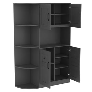 English Elm Multifunctional Modular Hall Tree Cabinet with Open Shelves and Hooks for Entryway Black W1580S00566