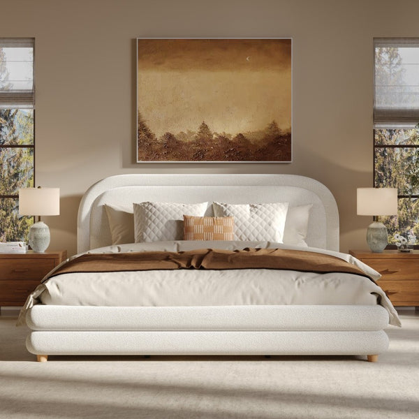 English Elm King Boucle Upholstered Bed Sculptural Arch Frame Solid Wood Legs Plush Headboard N757K371804W