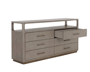 Sunpan Danette Dresser - Sleek Grey Oak Design with Warm Brass Accents & Open Shelf for Stylish Storage Solutions