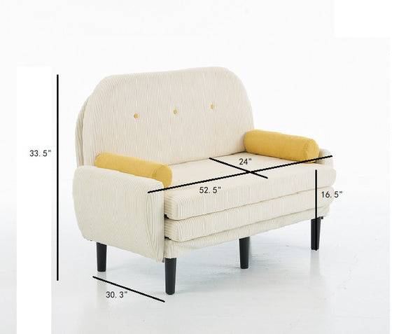 English Elm Ivory Corduroy Loveseat Daybed Recliner with USB Armrest, Metal Frame, Foam Cushions & Pillows W570P333061