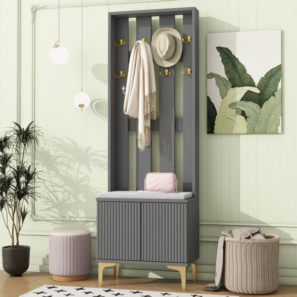 English Elm ON-TREND Modern Luxury Hall Tree with Cushioned Bench, Fluted Doors, 8 Gold Hooks & Adjustable Shelf Grey N721P192814E