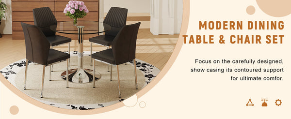 English Elm Table Set: 35" Round Transparent Glass Dining Table With 4 Black Pu Chairs & Silver Metal Legs W1151S03704-GIGA