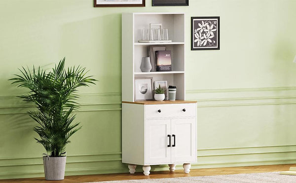 English Elm ON-TREND Farmhouse Storage Cabinet with Gourd Legs, Adjustable Shelves, Anti-Tip Tall Pantry Unit White+Natural N721P205790K