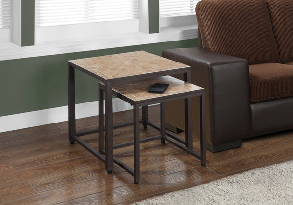 English Elm Nesting Mosaic Tile Tables Set of 2 — Brown Terracotta Tops, Reinforced Metal Bases, Space-Saving Accent B2710P219209