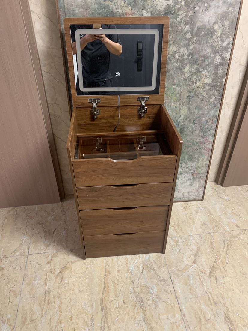 English Elm (60cm)(Walnut) 3-in-1 Lighted Flip-Top Vanity Desk with Glass Top, 3 Drawers & Stool — Compact Chic Storage for Bedroom W2641P224785
