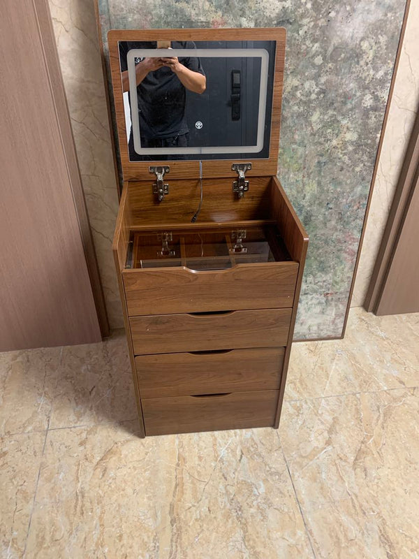 English Elm (60cm)(Walnut) 3-in-1 Lighted Flip-Top Vanity Desk with Glass Top, 3 Drawers & Stool — Compact Chic Storage for Bedroom W2641P224785