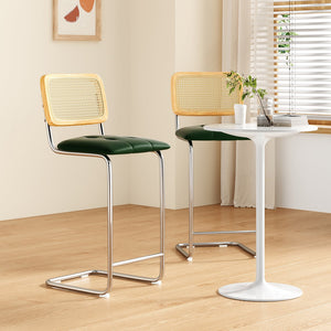 English Elm Counter Height Bar Stools Set Of 2 - Modern Green Pu Leather & Rattan Back Chairs For Kitchen Use T3623P360704