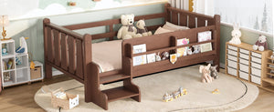 English Elm Twin Pine Floor Bed for Kids with Side Bookcases Built-in Stairs and Safety Guardrails Natural W1580P390215