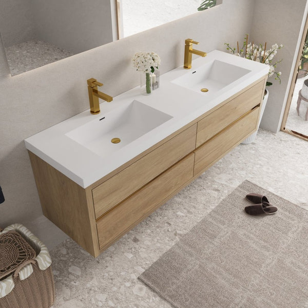 English Elm 72'' Floating Double Vanity Smoked Walnut Fluted Mdf Cabinet with Quartz Basins White+Oak W1920P385584