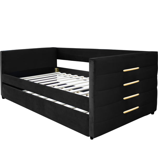 English Elm MODERN Twin Daybed with Trundle in Black Velvet Upholstery, Gold Accents, Space-Saving Guest Bed W1867S00012
