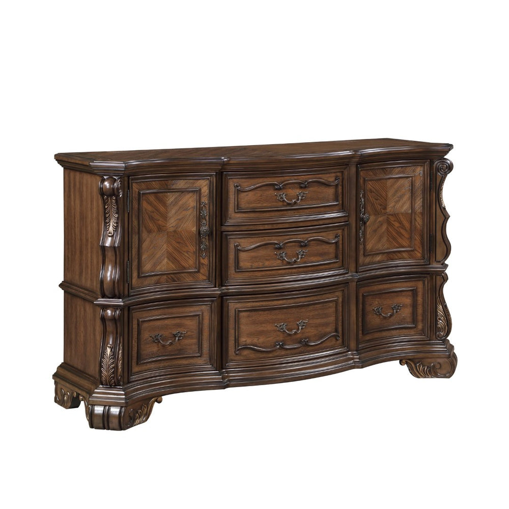 English Elm Formal Pecan Burl Veneer Dresser with Gold Hardware and Five Dovetail Drawers B011P458615