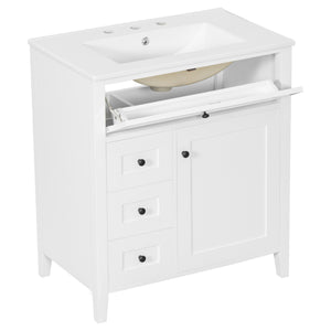 English Elm 30-Inch Contemporary Bathroom Vanity with Sink, MDF & Rubberwood, Glossy Finish, 3 Drawers + Cabinet White N725P350819K