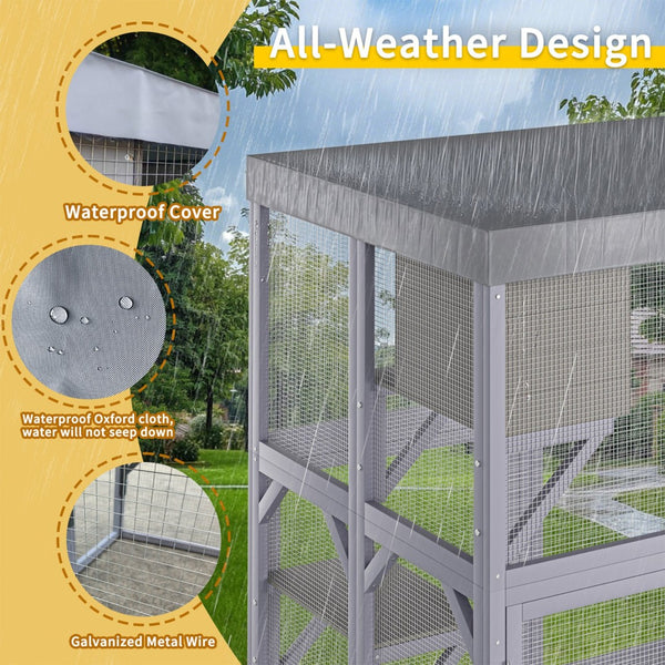 English Elm Outdoor Solid Fir Wood Cat Enclosure with 4 Tiered Platforms and Dual Napping Houses W3166P476669