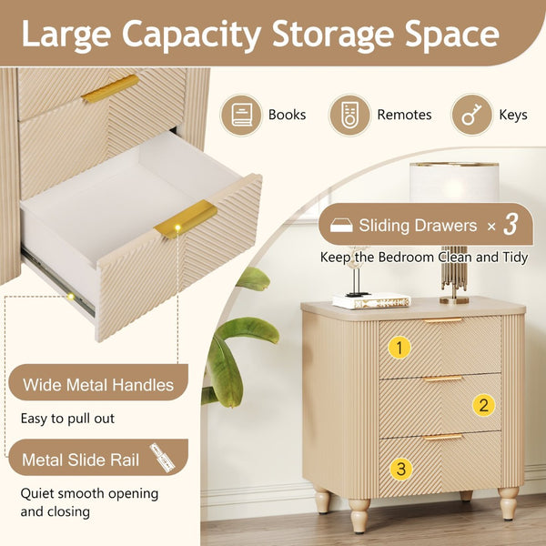 English Elm Mid-century Fluted 3 Drawer Nightstand with Gourd Legs and Gold Tone Handles for Bedroom Champagne N761P285712E