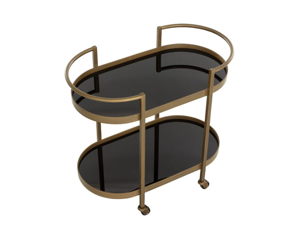 Sunpan BARTLETT Bar Cart - Elegant Antique Brass Frame with Black Mirrored Shelves for Stylish Entertaining 112317