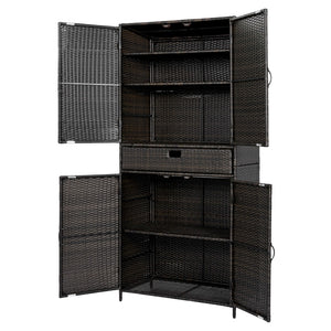 English Elm K&k Tall Arched Pe Rattan Outdoor Storage Cabinet with Adjustable Shelves and Steel Frame Brown+Black N707P420102D