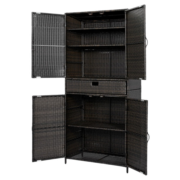 English Elm K&k Tall Arched Pe Rattan Outdoor Storage Cabinet with Adjustable Shelves and Steel Frame Brown+Black N707P420102D