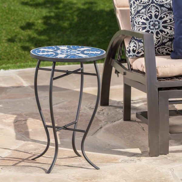 English Elm Christopher Knight Home® - Outdoor Round Side Table Ceramic Mosaic Top in Blue & White with Matte Black Curved Iron Legs, Stylish Patio Accent 61302.00