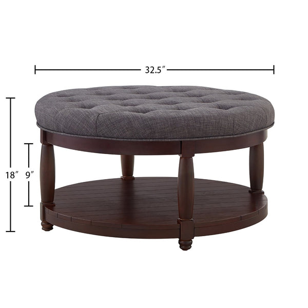 English Elm Large Round Tufted Ottoman Coffee Table with Wood Shelf for Living Room Lounge Dark Gray W2186P212196