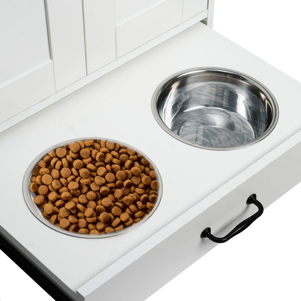English Elm Dog Feeding Station Cabinet with Pull Out Bowls Storage Hooks White Pet Organizer W1687P205402