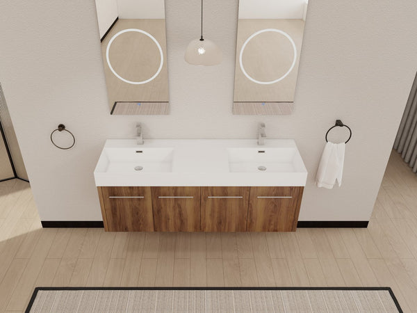 English Elm 60 Inch Wall-Mounted Bathroom Vanity With Double Resin Sink, Modern Design & Ample Storage Space W999S00250