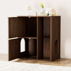 English Elm 31.5-inch Grooved Wood Cat Litter Cabinet with Integrated Tree Mid-century Pet Furniture Walnut W1162P407684