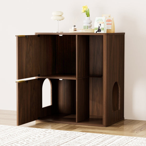 English Elm 31.5-inch Grooved Wood Cat Litter Cabinet with Integrated Tree Mid-century Pet Furniture Walnut W1162P407684