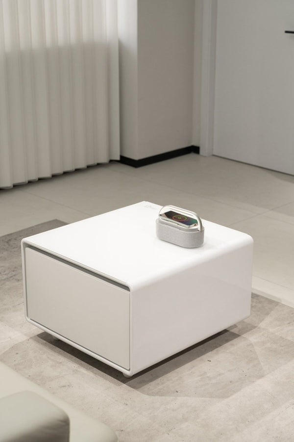 English Elm Modern Coffee Table with Built in Mini Fridge Power Outlets and Beverage Storage White W1172P483597