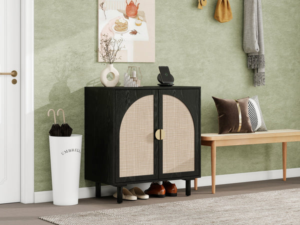 English Elm 2 Door Cabinet with Adjustable Shelves, Anti-Tip Safety, Pine Support Feet, Compact Storage Solution Black W688134369