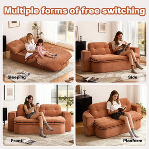 English Elm Modern Floor Sofa with Hidden Quilt & 2 Pillows, Convertible Chenille Foam Sleeper Bed for Small Spaces Caramel W3565P355007