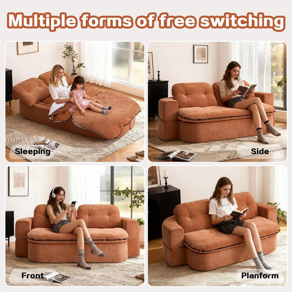 English Elm Modern Floor Sofa with Hidden Quilt & 2 Pillows, Convertible Chenille Foam Sleeper Bed for Small Spaces Caramel W3565P355007