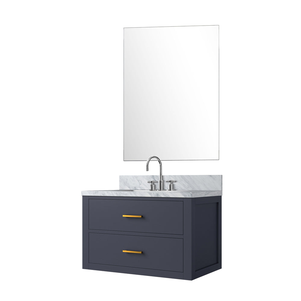 English Elm Blue Single Bathroom Vanity Set With Carrara Marble Top, Mirror & Chrome Faucet - Elegant Design B2731S01975