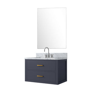 English Elm Blue Single Bathroom Vanity Set With Carrara Marble Top, Mirror & Chrome Faucet - Elegant Design B2731S01975